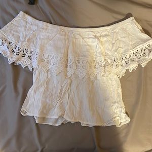 Off the Shoulder White Pom Crop Top